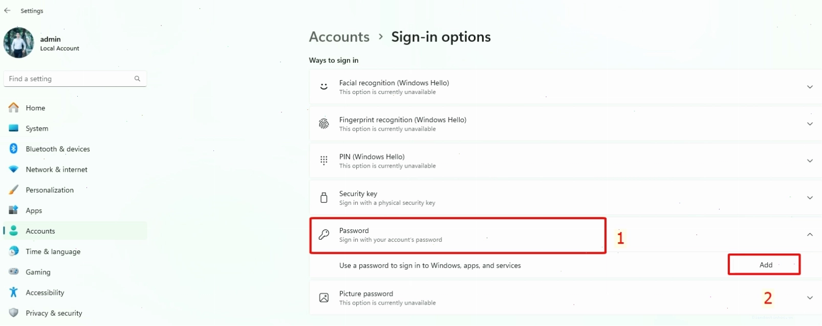 Chọn Password và nhấn Add để thêm mật khẩu