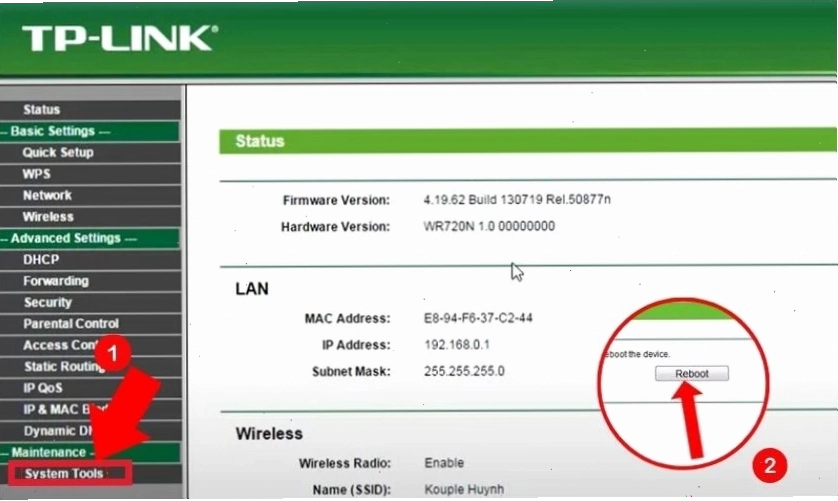 Chọn Reboot để khởi động lại Wifi