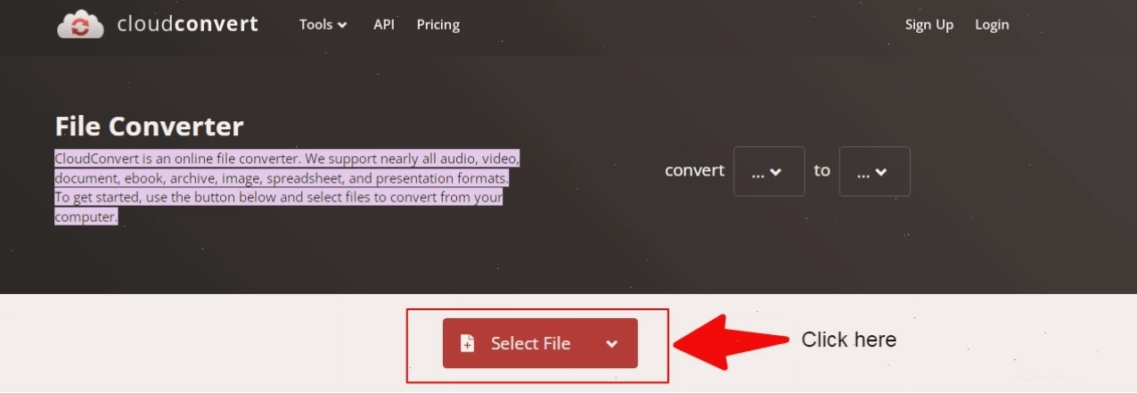 Chọn tệp tin nguồn để bắt đầu quá trình chuyển đổi trên CloudConvert