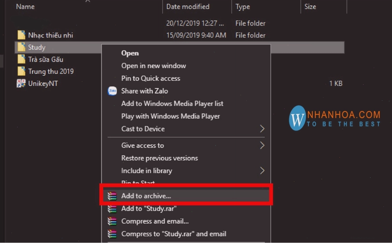 Chọn tùy chọn nén file thành định dạng RAR hoặc ZIP
