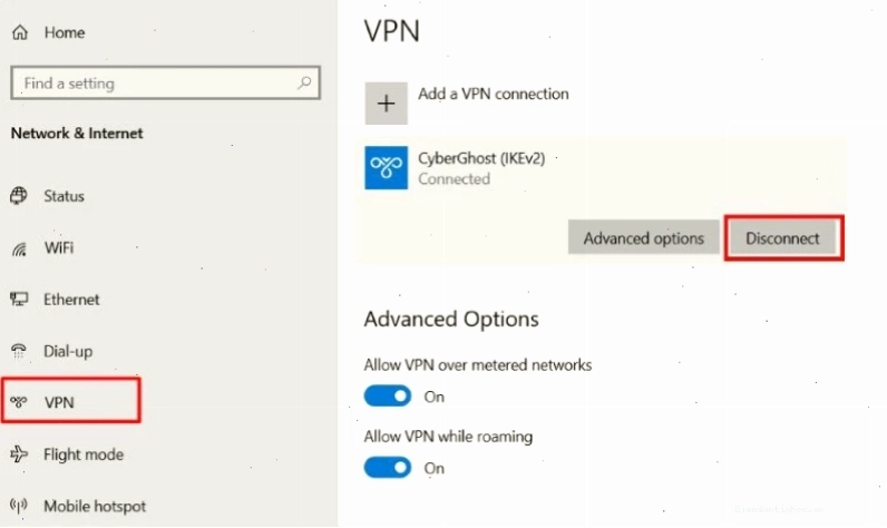 Chuyển trạng thái sang Disconnect cho VPN cần tắt trên Windows