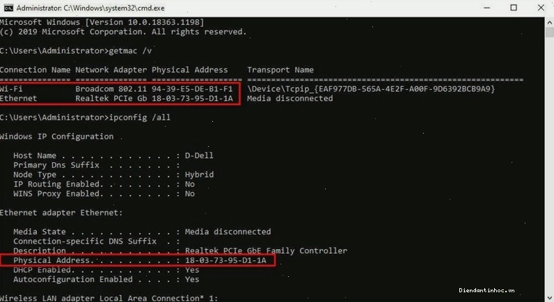 Command Prompt hiển thị địa chỉ MAC sau lệnh ipconfig /all