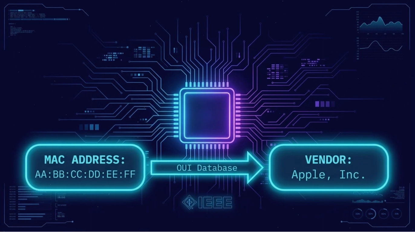 Công cụ tra cứu MAC address lookup hiển thị cách tiền tố OUI ánh xạ địa chỉ MAC tới nhà sản xuất