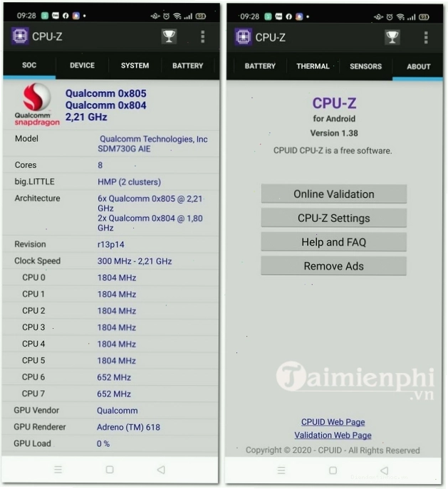 CPU-Z trên thiết bị Android hiển thị thông số kỹ thuật