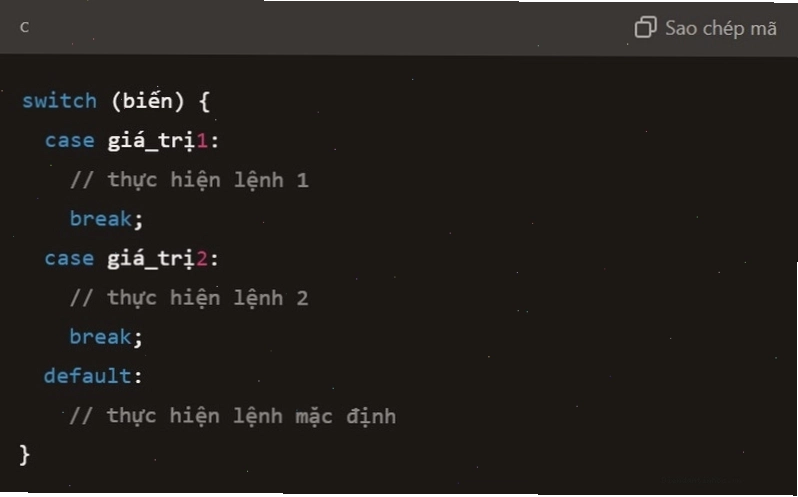Cú pháp cơ bản của cấu trúc switch case trong ngôn ngữ C/C++
