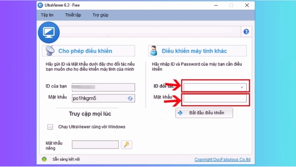 Cung cấp ID và mật khẩu để kết nối UltraViewer