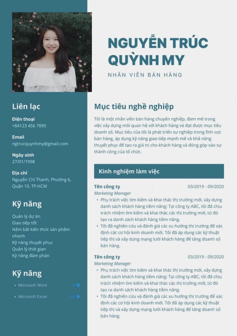 CV màu xanh đơn giản cho công ty