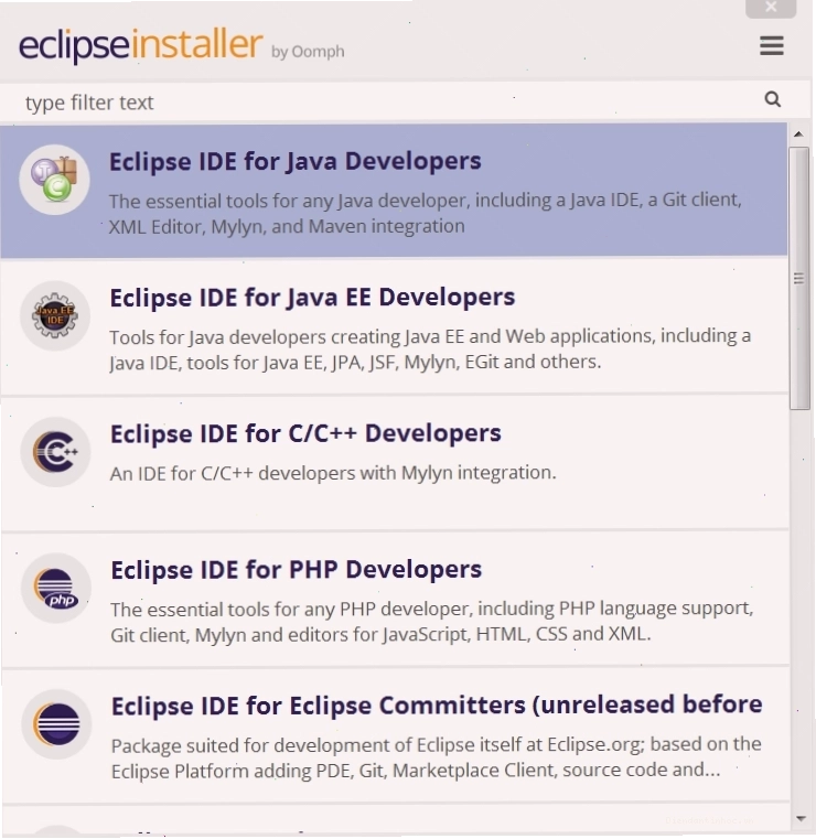 Danh sách các gói Eclipse có sẵn trong Installer
