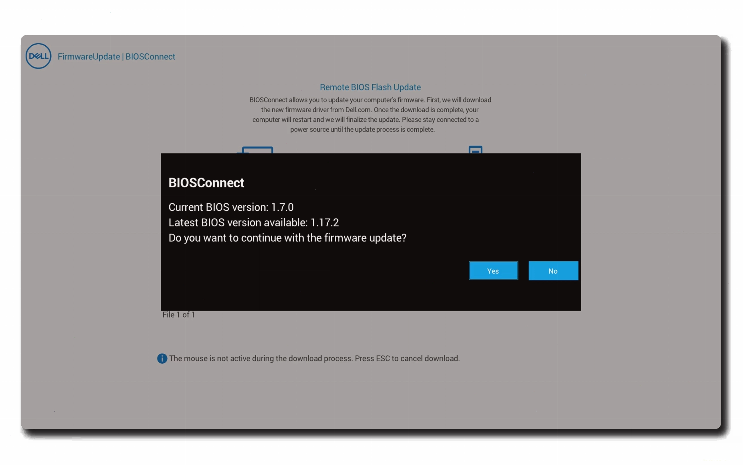 Dell BIOS Connect firmware update confirmation screen