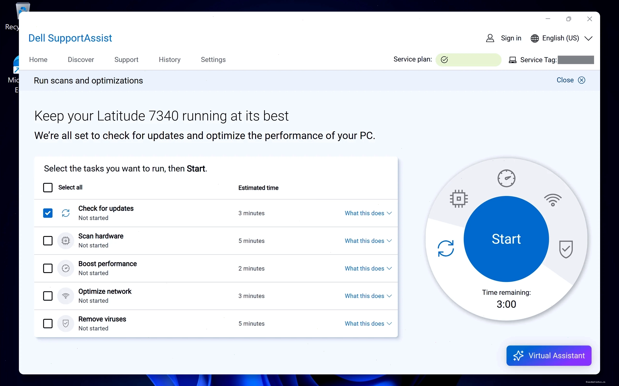 Dell SupportAssist software interface showing update options