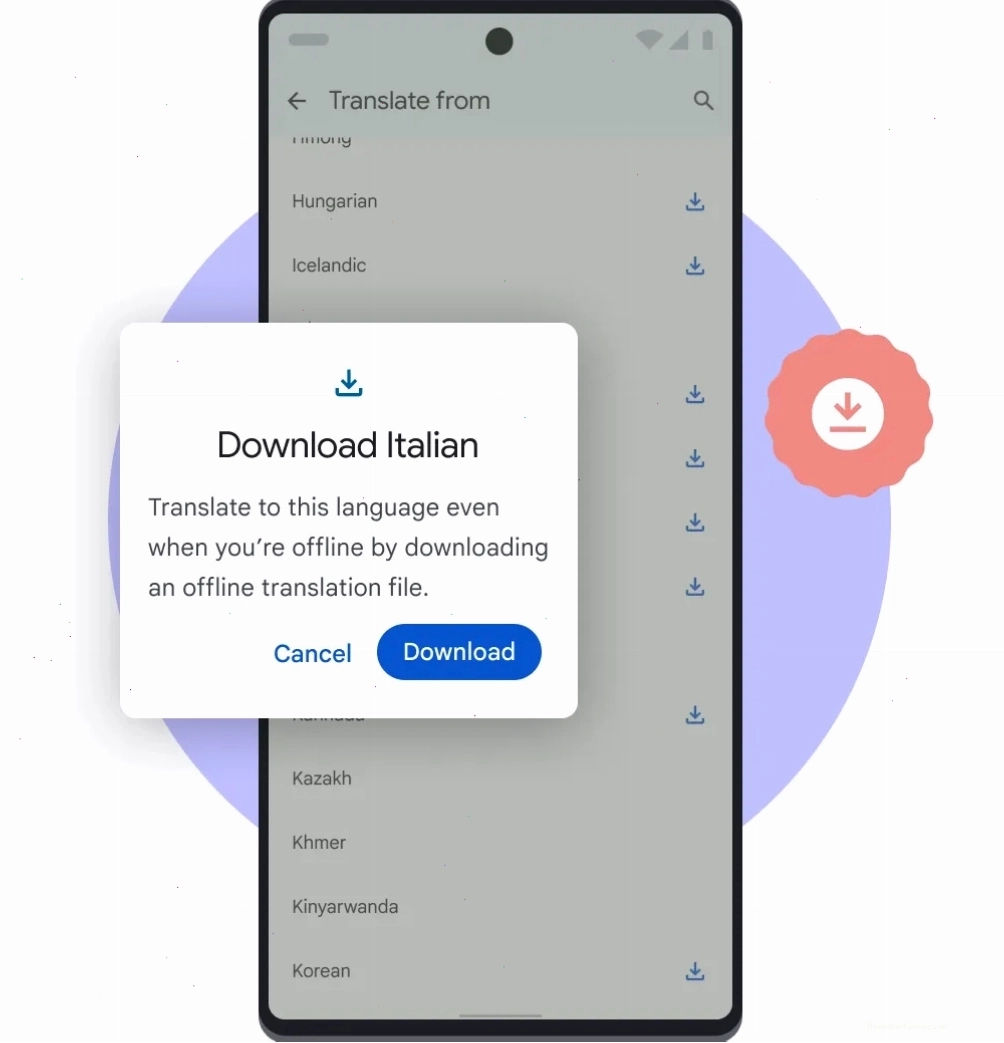 Điện thoại Pixel hiển thị chức năng Tải xuống ngoại tuyến của Google Dịch