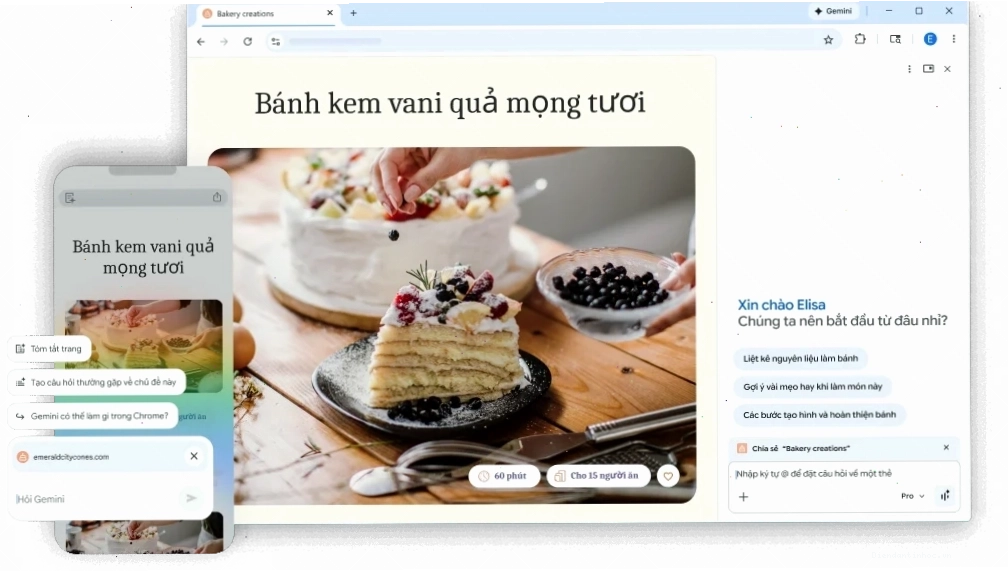 Gemini hỗ trợ người dùng trên trang web công thức làm bánh trong Google Chrome