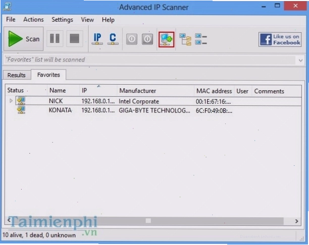 Giao diện Advanced IP Scanner với các tùy chọn quét