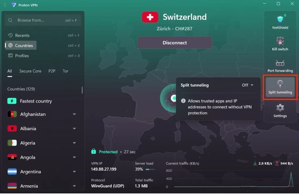 Giao diện bật tính năng Split tunneling trên ứng dụng VPN cho Windows