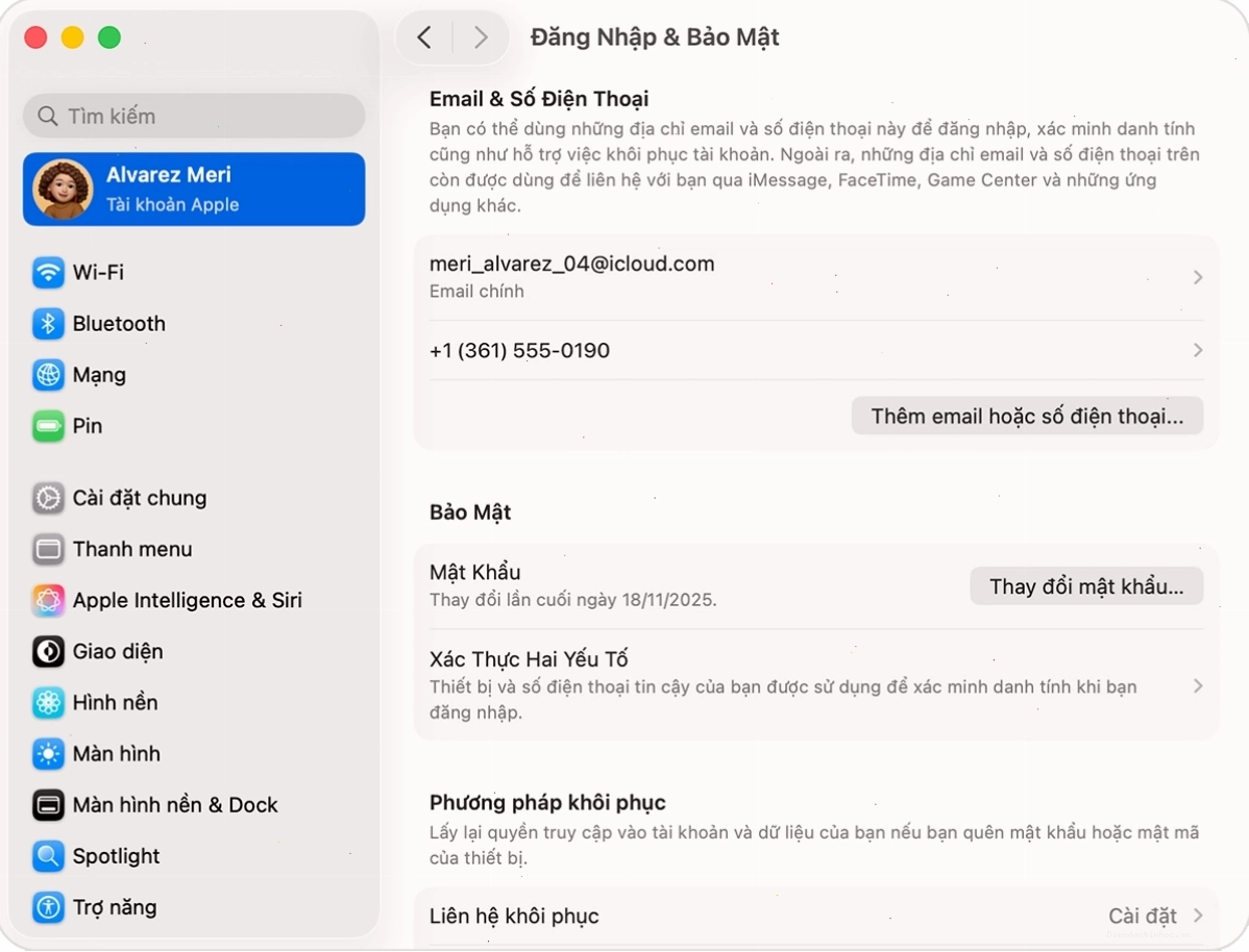 Giao diện cài đặt Đăng nhập & Bảo mật trên máy Mac