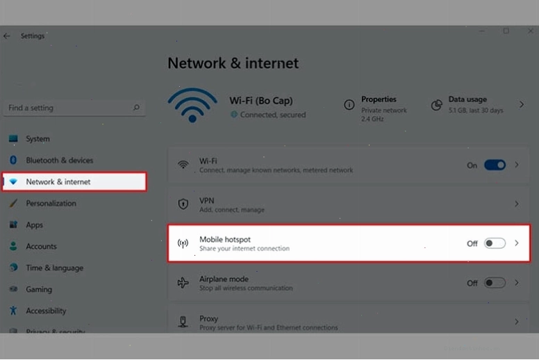 Giao diện cài đặt Mobile Hotspot trên Windows 11