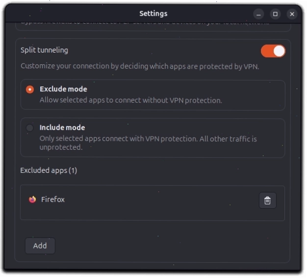 Giao diện cài đặt Split tunneling trên Linux