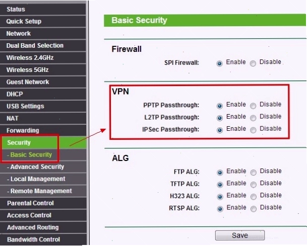 Giao diện cấu hình VPN Passthrough trên router TP-Link Archer C7