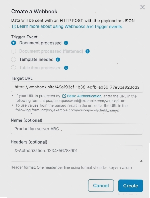 Giao diện cấu hình webhook trên nền tảng Parseur