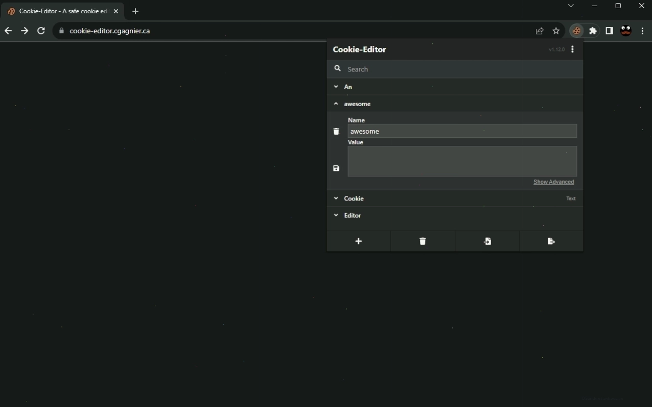 Giao diện chính của Cookie Editor hiển thị danh sách các cookie hiện có