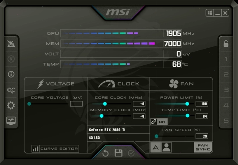 Giao diện chính của phần mềm MSI Afterburner hiển thị các thông số card đồ họa