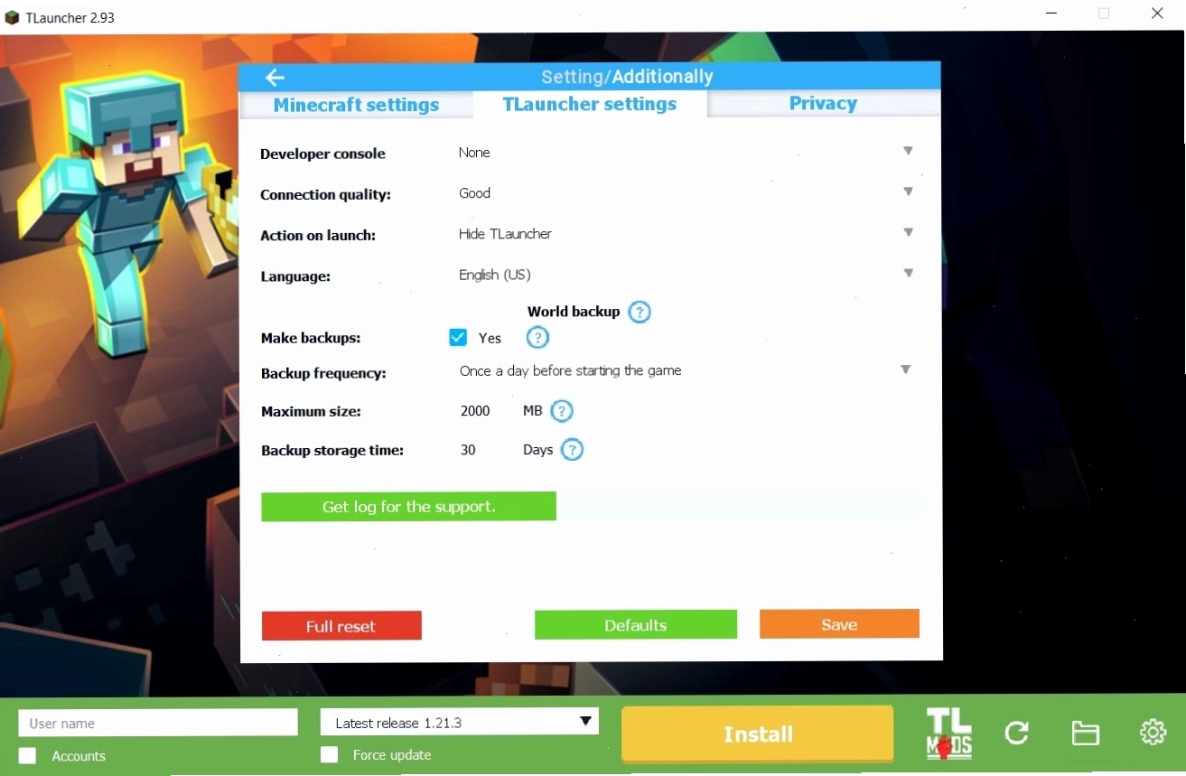 Giao diện chính của TLauncher với các tùy chọn phiên bản và người dùng