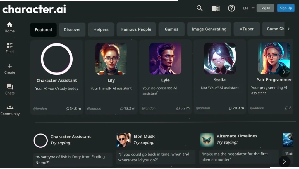 Giao diện chính của ứng dụng Character AI