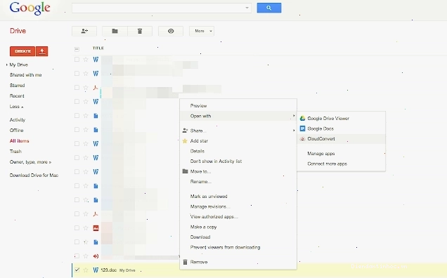 Giao diện CloudConvert tích hợp với Google Drive cho phép chuyển đổi tệp trực tiếp