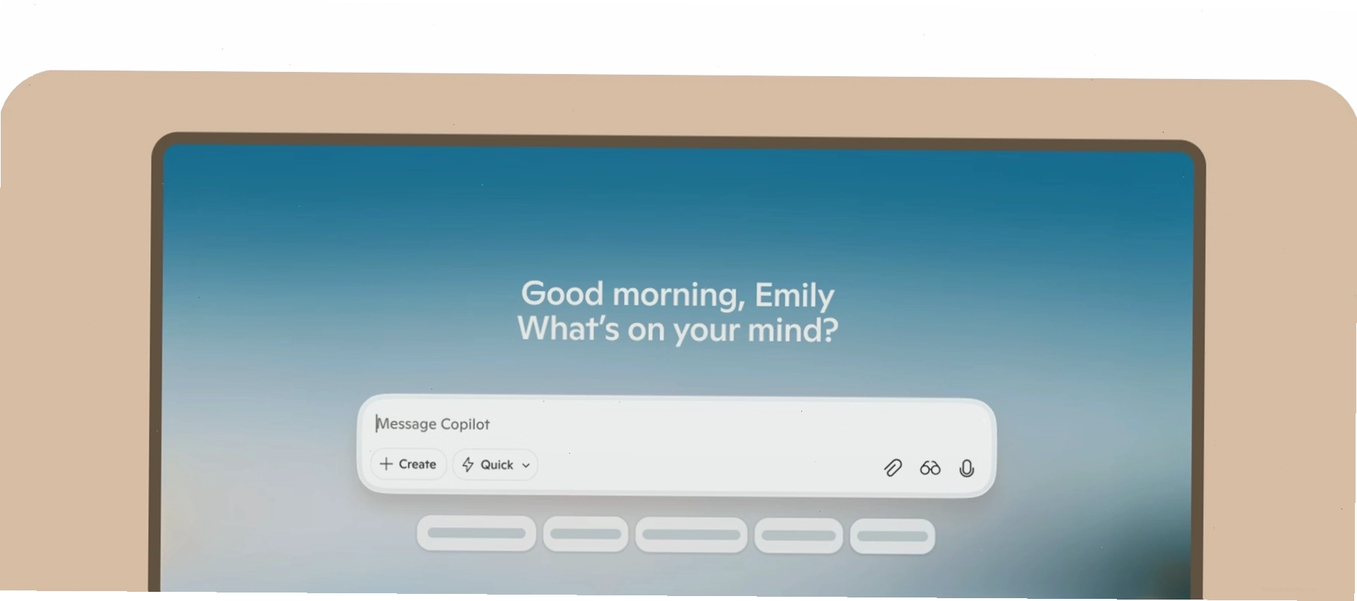Giao diện Copilot trên Windows hiển thị lời chào và thanh tìm kiếm