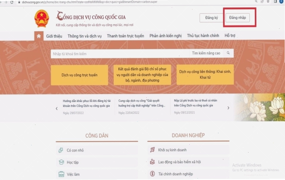Giao diện đăng nhập Cổng Dịch vụ công Quốc gia bằng tài khoản VNeID