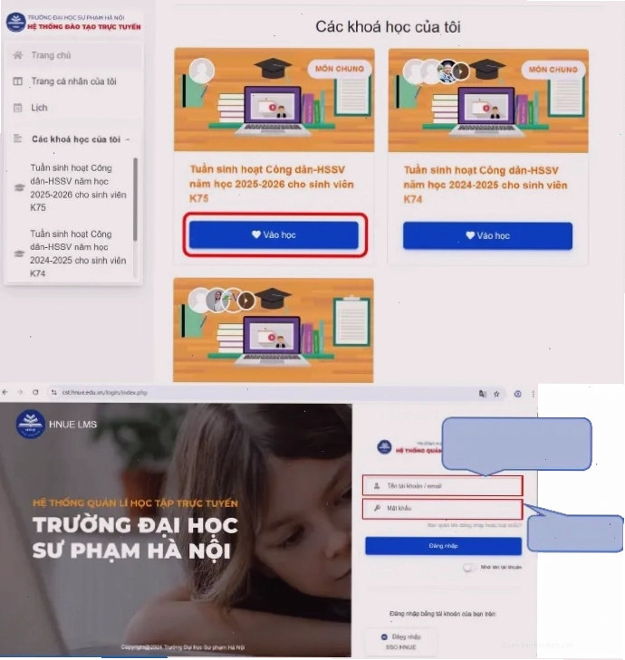 Giao diện đăng nhập hệ thống CST HNUE với các trường nhập tài khoản và mật khẩu