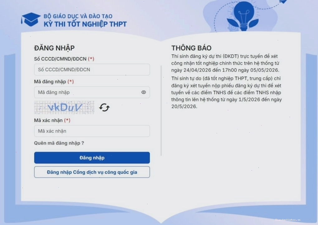 Giao diện đăng nhập hệ thống tuyển sinh đại học Bộ Giáo dục