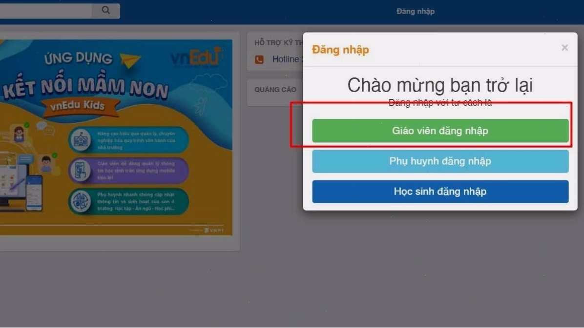 Giao diện đăng nhập hệ thống vnEdu