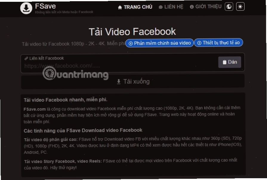 Giao diện FSave.com hỗ trợ tải video Facebook chất lượng cao