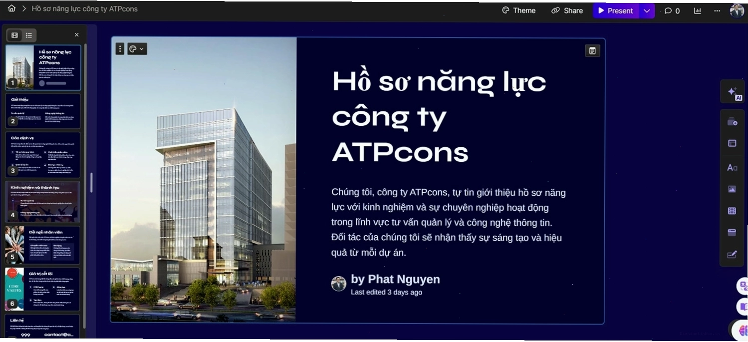 Giao diện Gamma App khi đang tạo slide AI