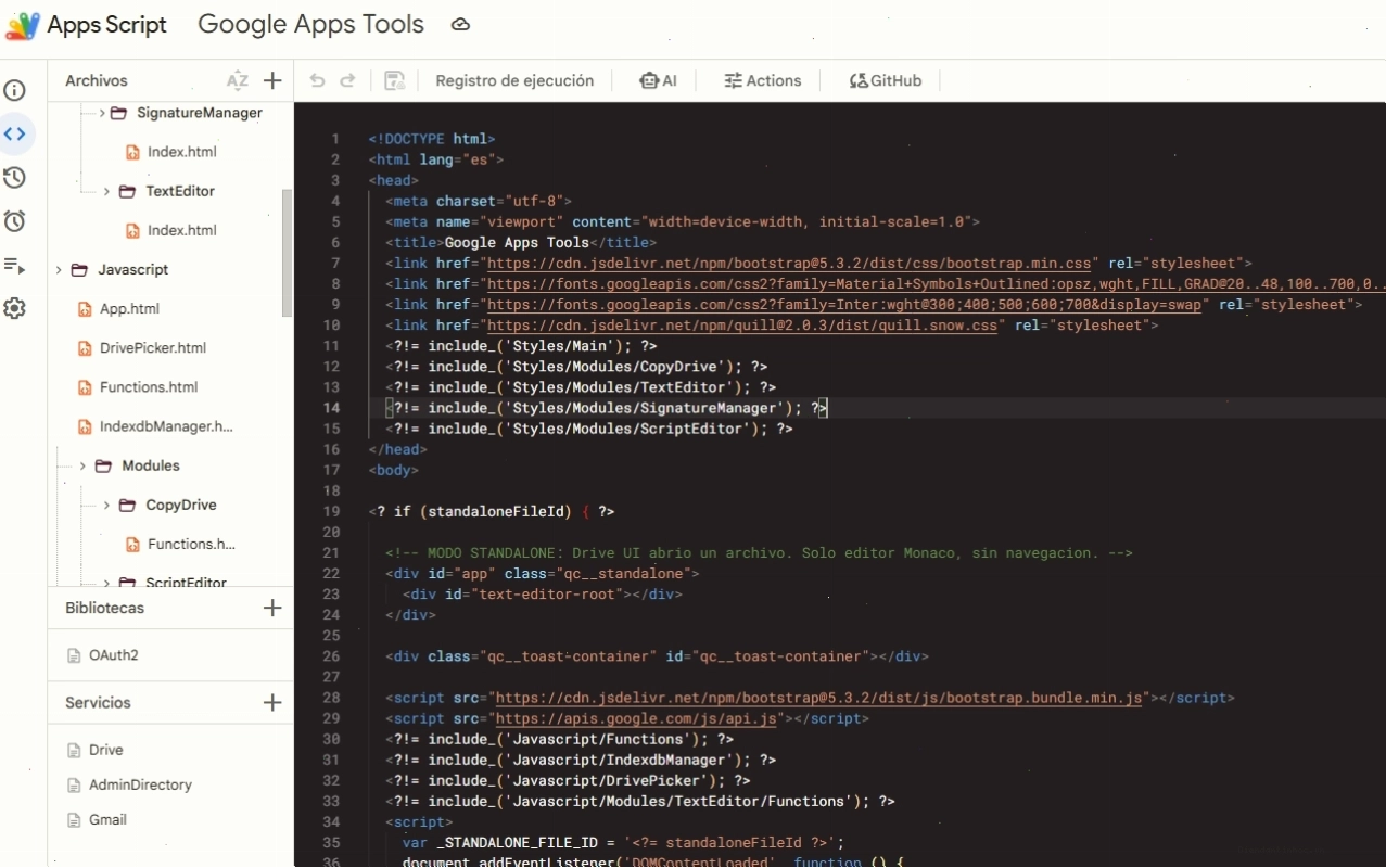 Giao diện Google Apps Script Tools