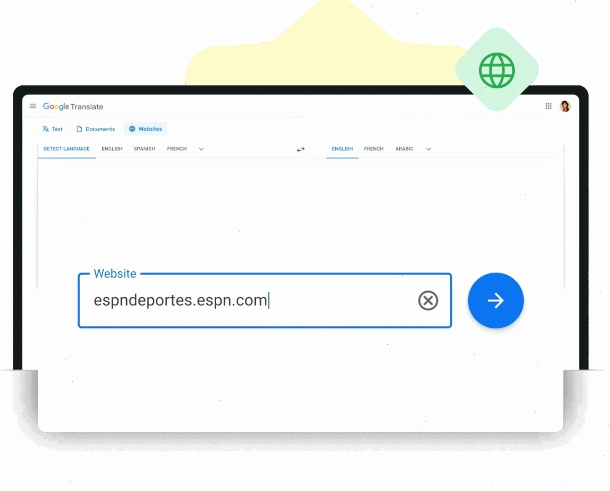 Giao diện Google Dịch trên máy tính hiển thị chức năng Dịch trang web
