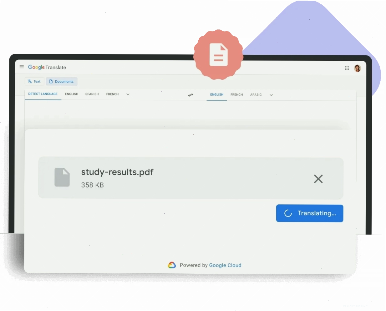 Giao diện Google Dịch trên máy tính hiển thị chức năng Dịch tài liệu