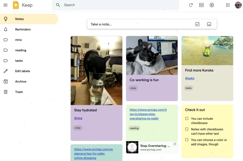 Giao diện Google Keep hiển thị nhiều loại ghi chú khác nhau