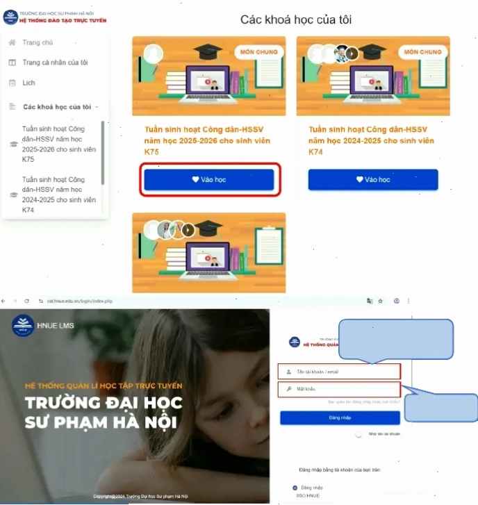 Giao diện hiển thị danh sách các khóa học sau khi đăng nhập thành công vào CST HNUE