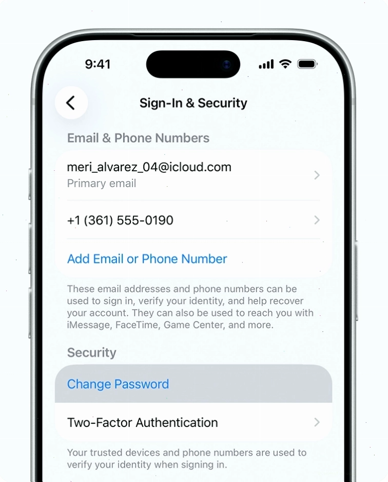 Giao diện iPhone hiển thị tùy chọn Thay đổi Mật khẩu trong Cài đặt Apple Account