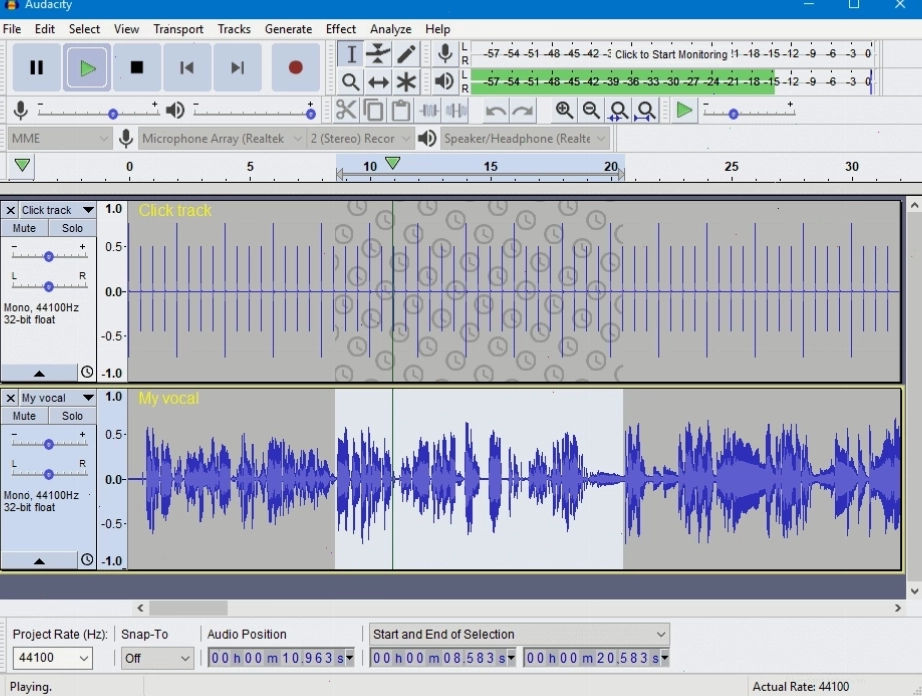 Giao diện mặc định màu sáng của Audacity trên Windows