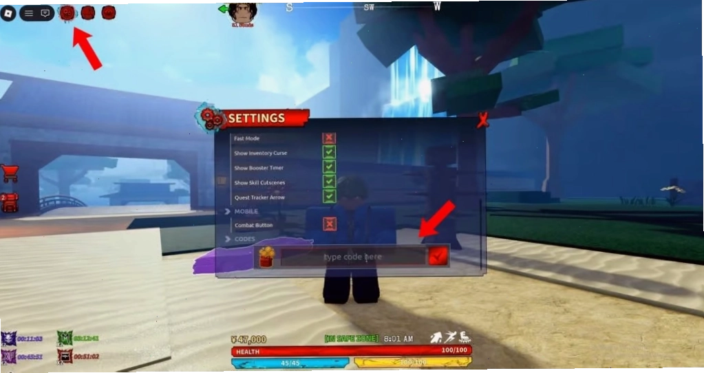 Giao diện nhập code trong Roblox Kaizen