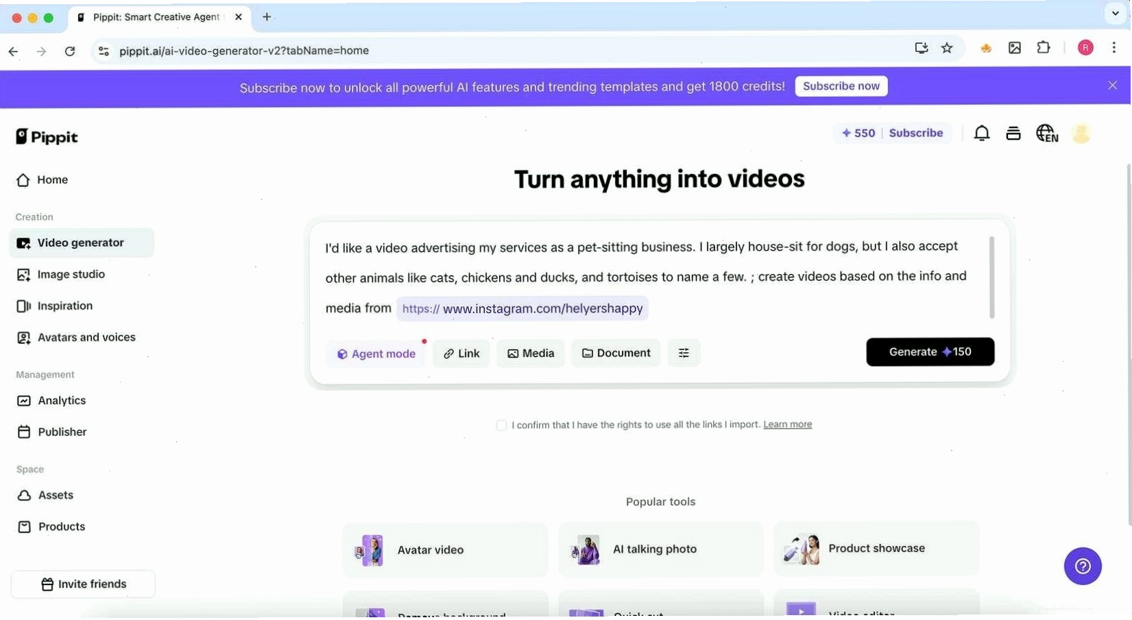 Giao diện nhập lời nhắc để tạo video AI trong Pippit