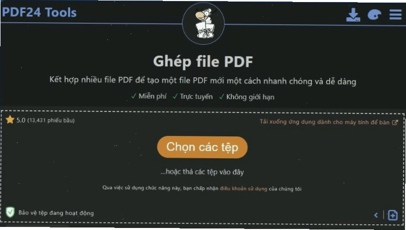 Giao diện nối file PDF của PDF24 Tools