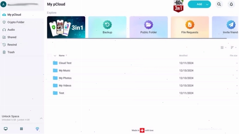 Giao diện quản lý tệp trên pCloud