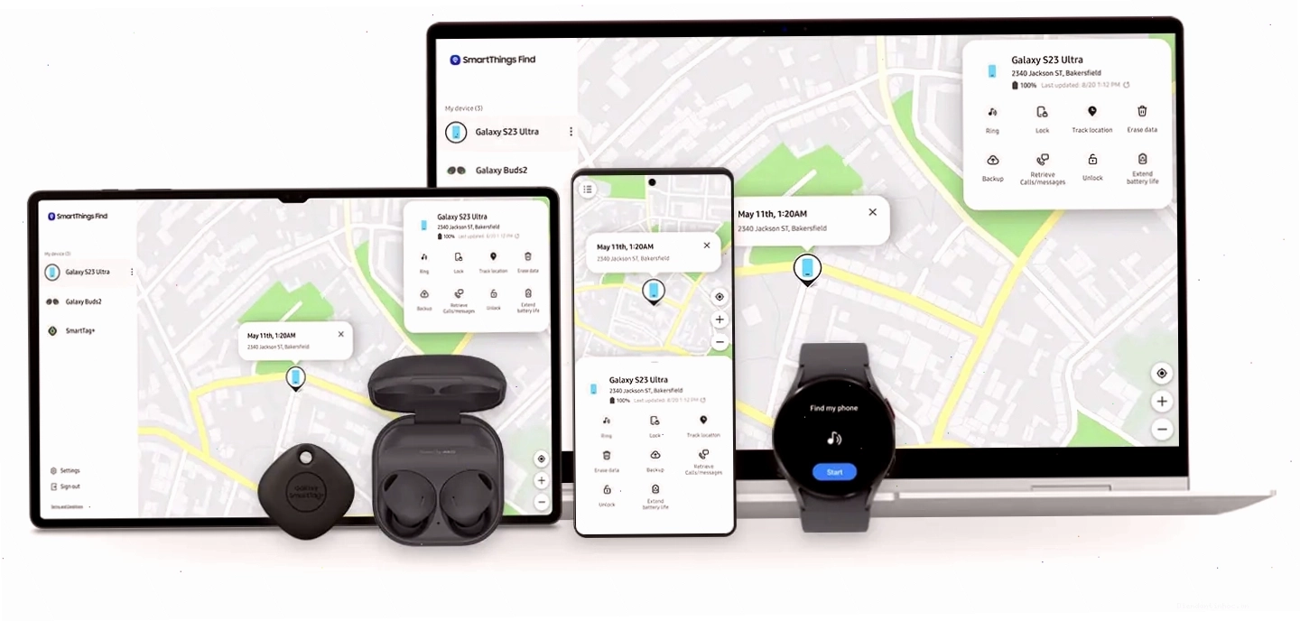 Giao diện SmartThings Find hiển thị bản đồ vị trí các thiết bị Galaxy như điện thoại, đồng hồ, tai nghe và SmartTag