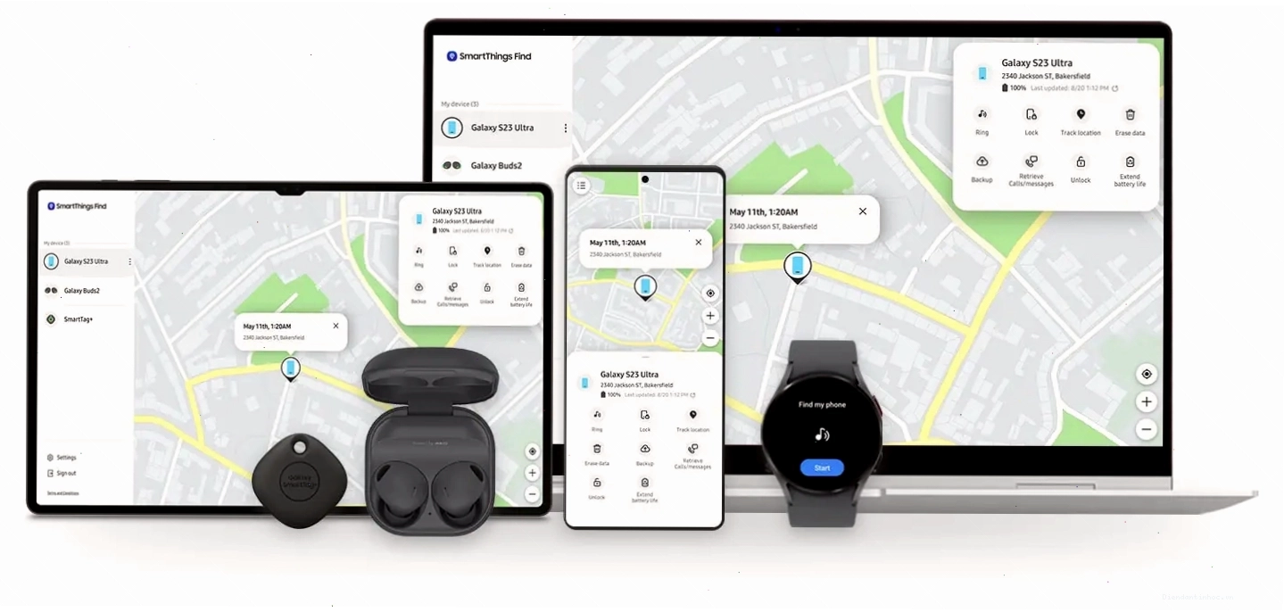 Giao diện SmartThings Find hiển thị vị trí thiết bị và các phụ kiện