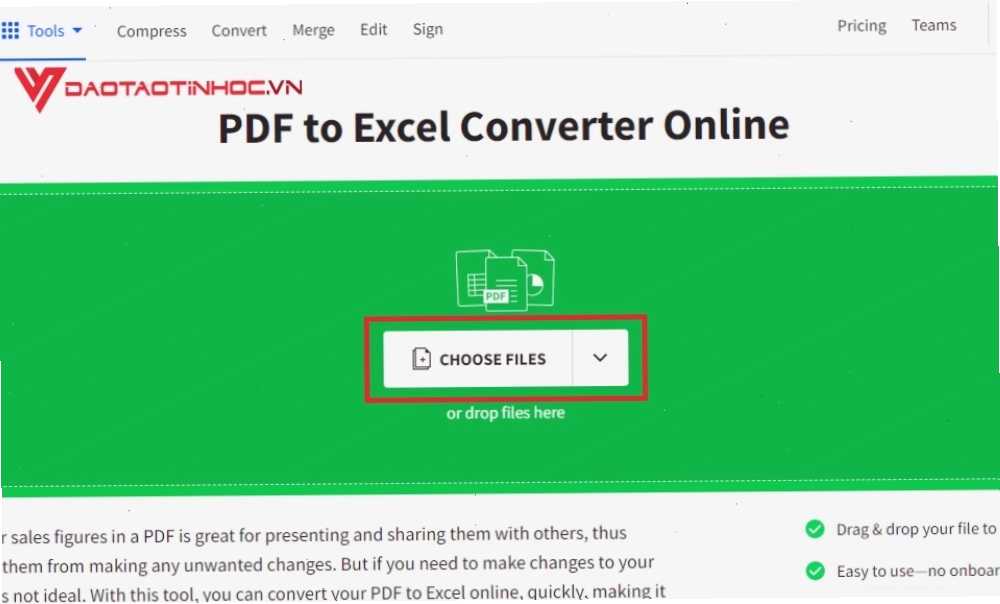 Giao diện tải tệp lên công cụ chuyển PDF sang Excel của Smallpdf