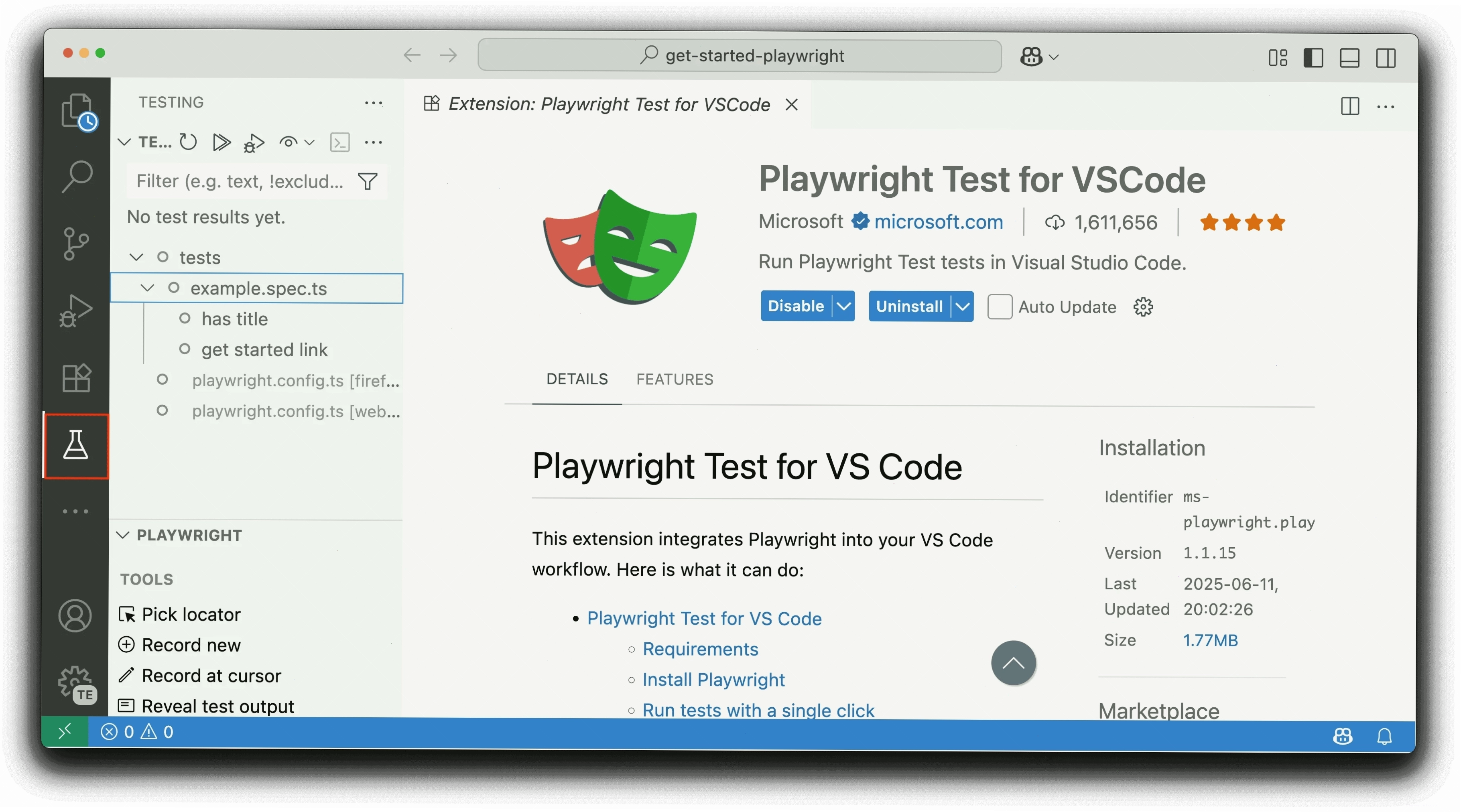 Giao diện Testing Sidebar trong VS Code hiển thị các bài kiểm thử Playwright